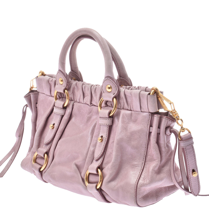 

Miu Miu Pink Glazed Leather Luxe Ruched Top Handle Bag
