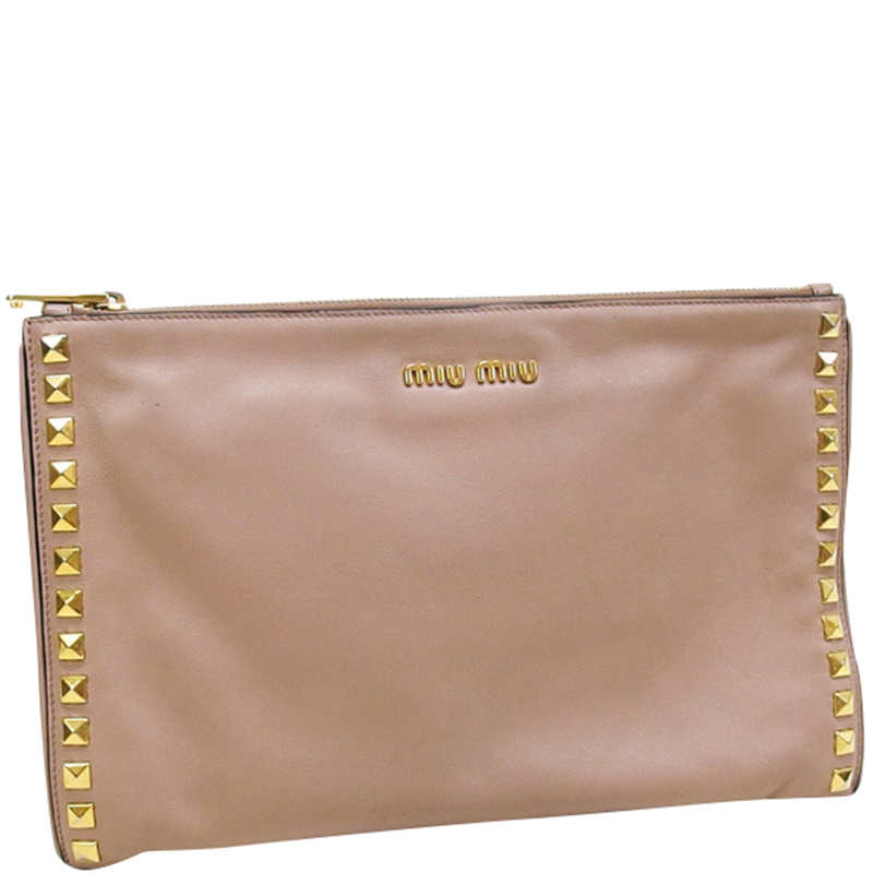 Miu Beige Leather Studs Clutch Bag