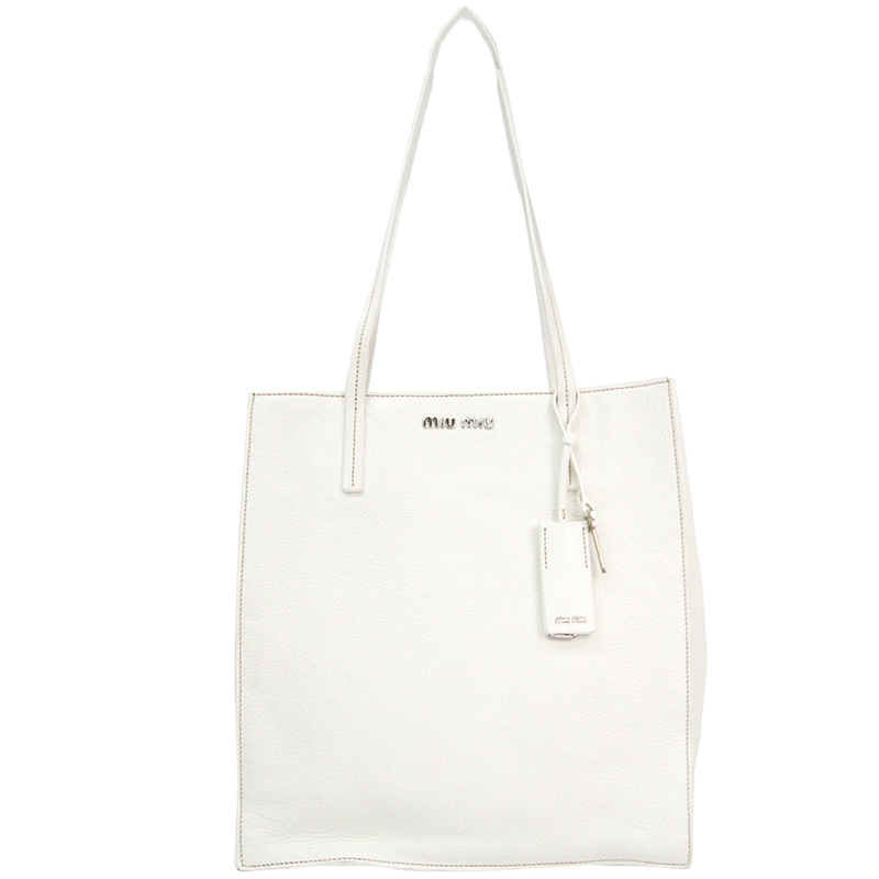 Pre Owned Miu Miu White Leather Madras Tote Bag