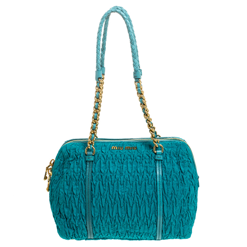 Pre Owned Miu Miu Turquoise Matelasse Fabric Chain Bowler Bag