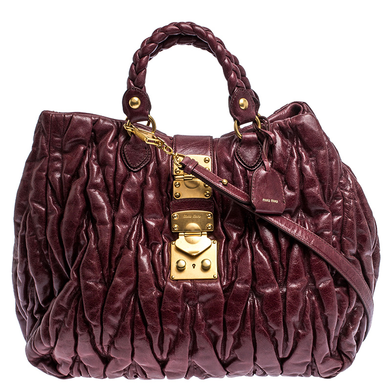 Pre Owned Miu Miu Burgandy Matelasse Leather Large Tote