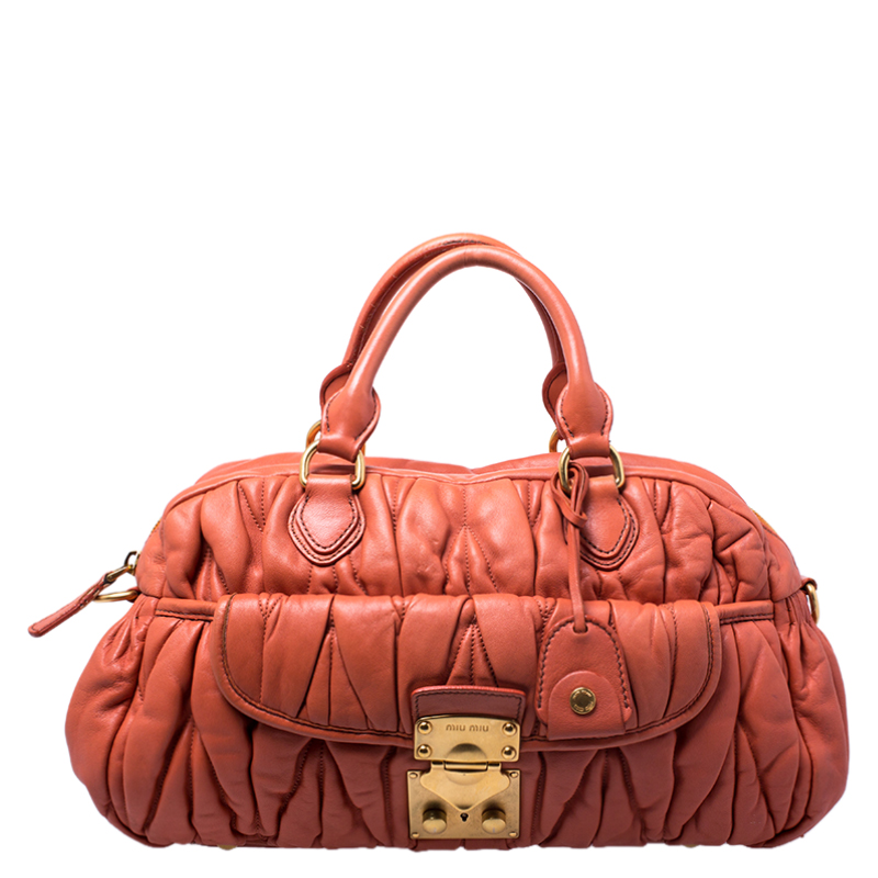 Pre Owned حقيبة يد علوية ميو ميو كوفر جلد مبطن برتقالي