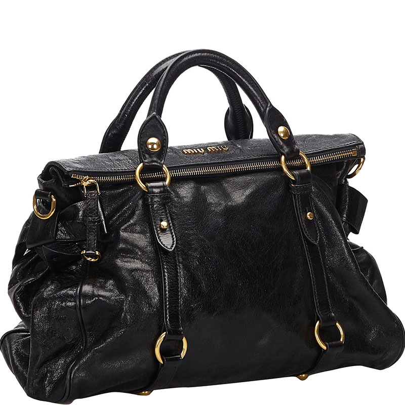 

Miu Miu Black Vitello Lux Leather Bow Top Handle Bag