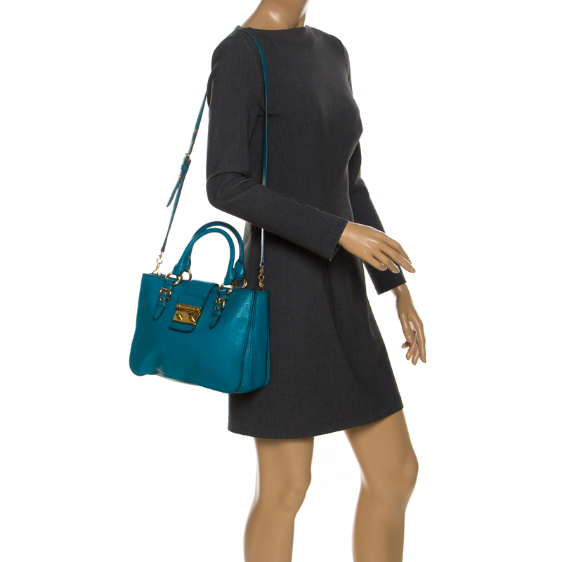 

Miu Miu Blue Leather Madras Top Handle Bag