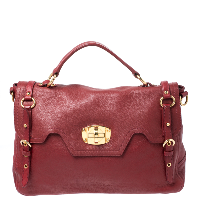 Pre Owned Miu Miu Red Leather East/West Top Handle Shoulder Bag