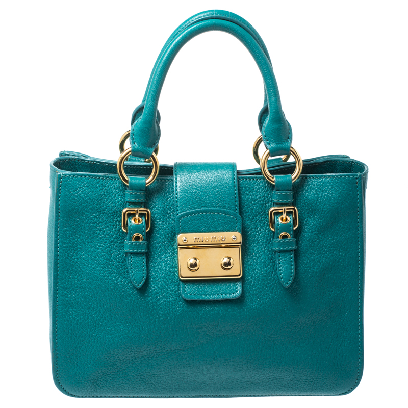 Pre Owned Miu Miu Blue Leather Medium Madras Tote