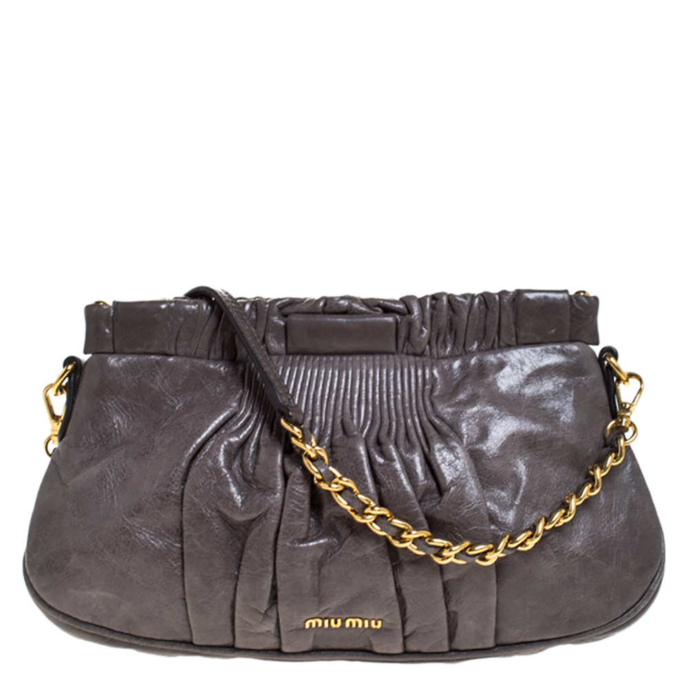 Pre Owned Miu Miu Grey Matelasse Leather Shoulder Bag
