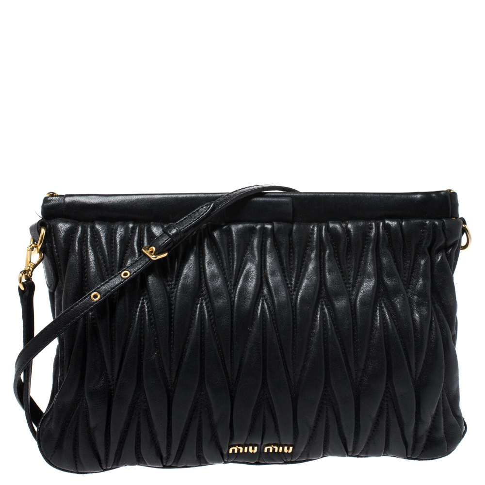 Pre Owned Miu Miu Black Matelasse Leather Crossbody Bag