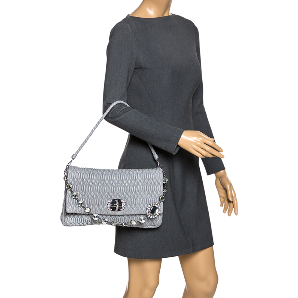 

Miu Miu Grey Matelasse Nappa Leather Crystal Shoulder Bag