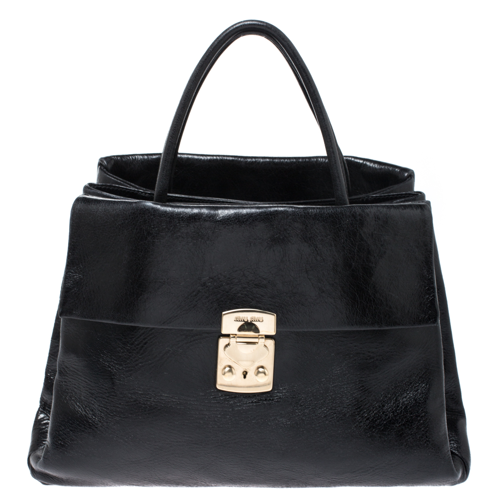 Miu Miu Black Glossy Leather Top Handle Bag