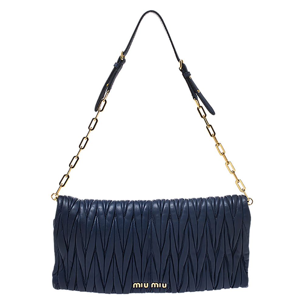 Pre Owned Miu Miu Blue Matelasse Leather Flap Shoulder Bag