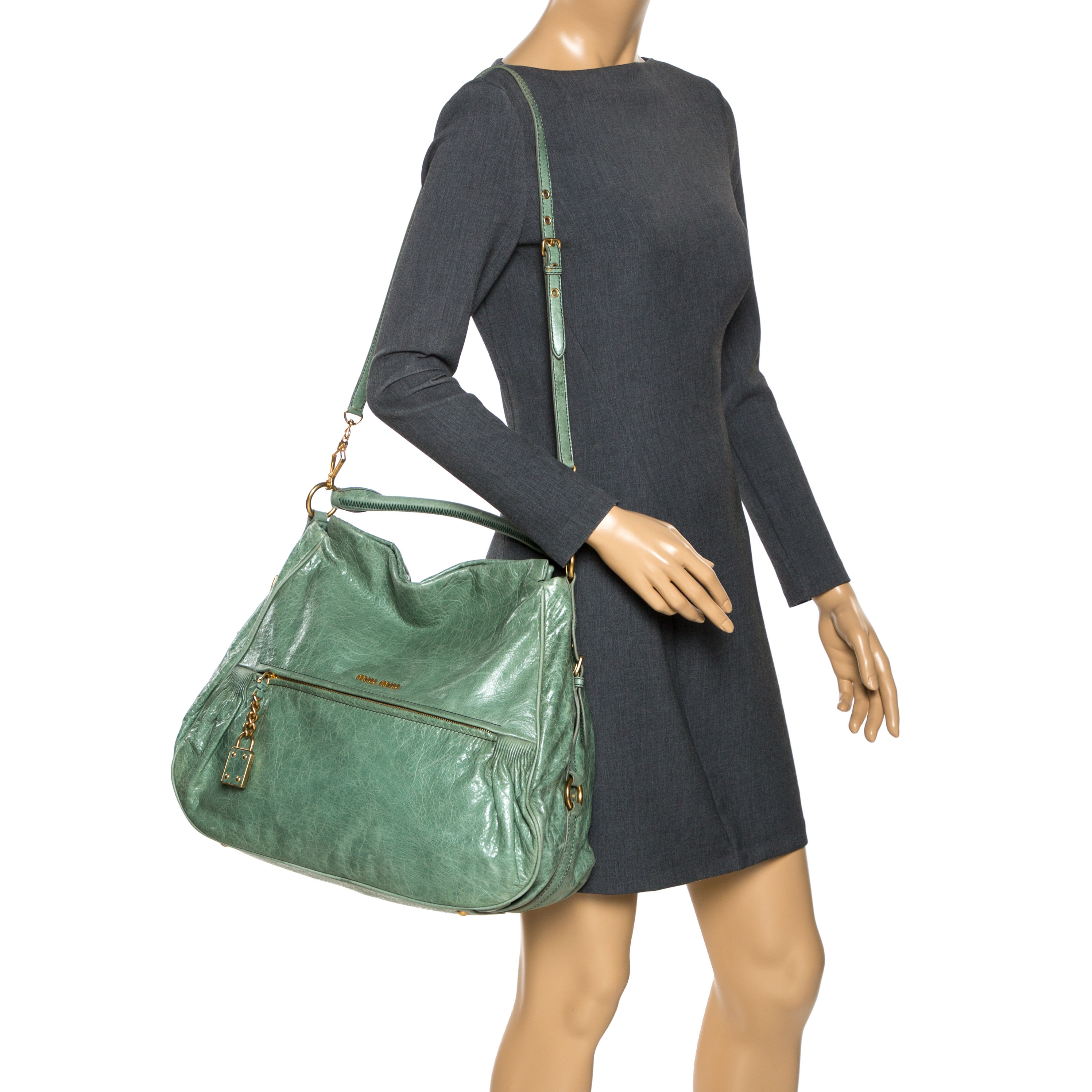 

Miu Miu Green Leather Lily Distressed Shoulder Bag