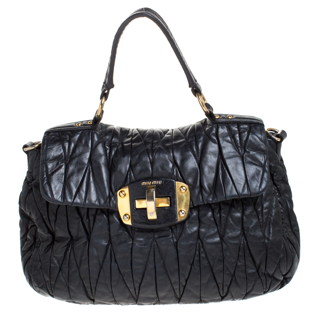 Pre-owned Miu Miu Black Matelasse Leather Bauletto Top Handle Bag