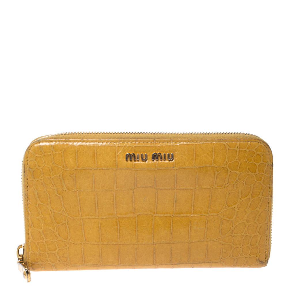 Pre-owned Miu Miu Yellow Croc Embossed Leather Zip Around Wallet
