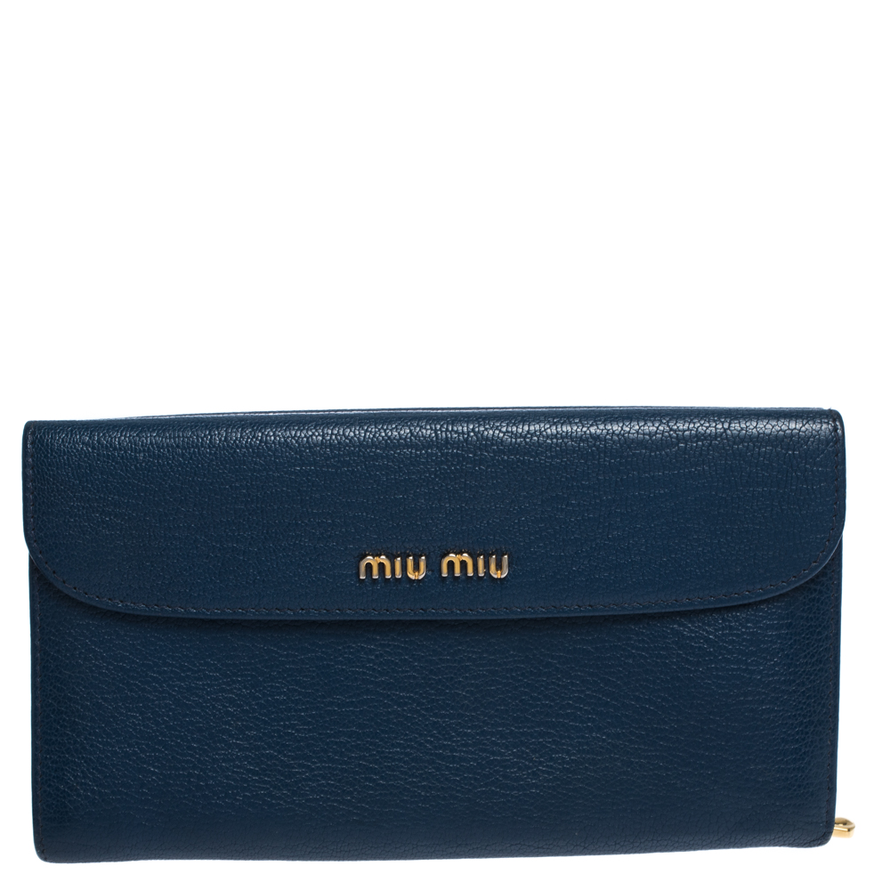 Pre Owned Miu Miu Blue Leather Madras Flap Wallet