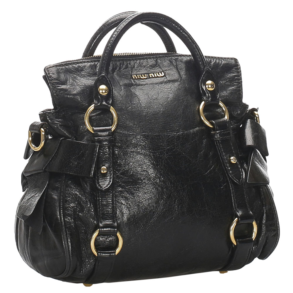 

Miu Miu Black Leather Vitello Bow Satchel Bag