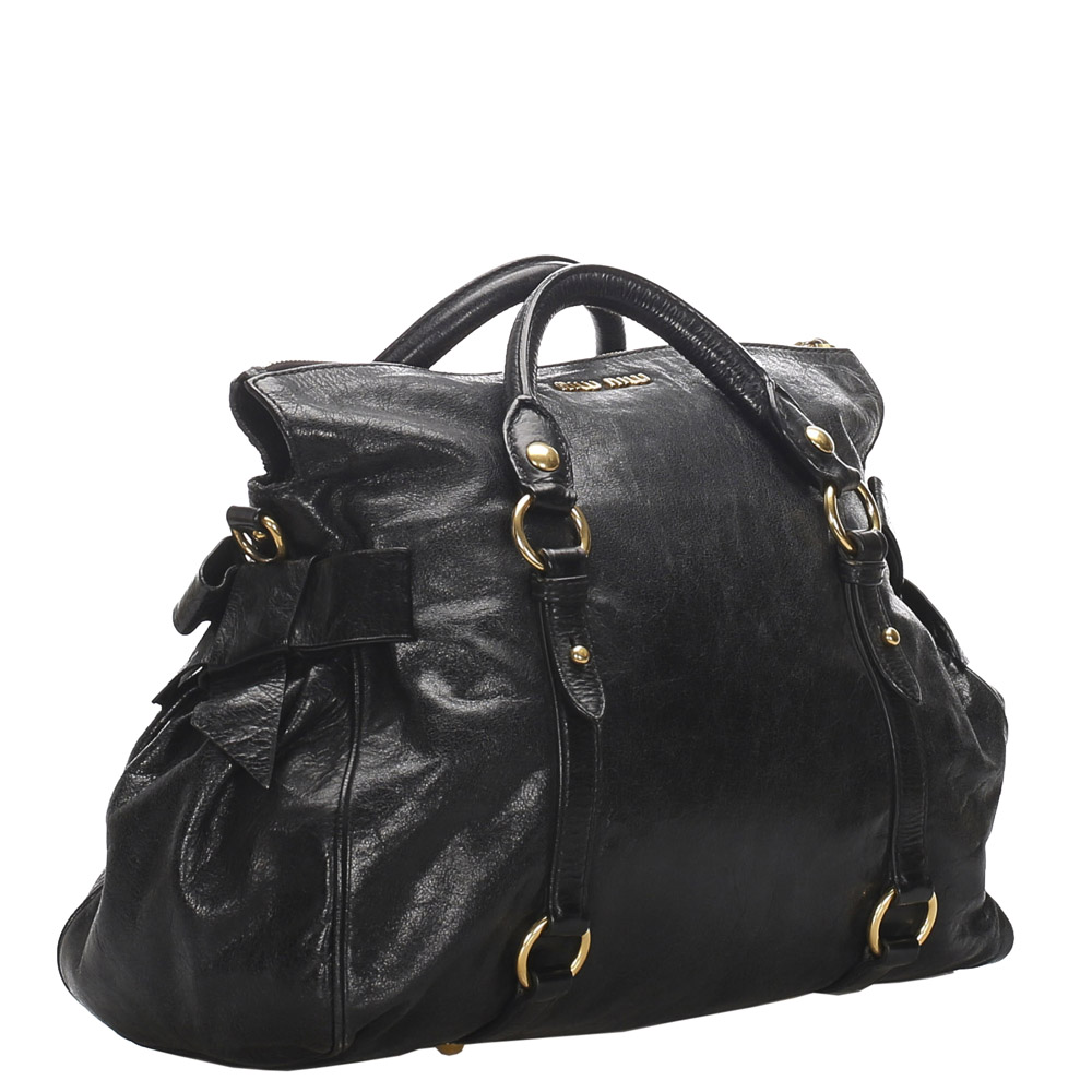 

Miu Miu Black Vitello Lux Leather Bow Satchel Bag