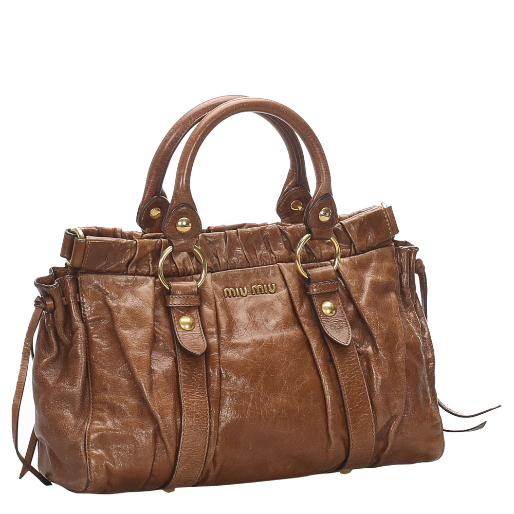 

Miu Miu Brown Gathered Leather Satchel Bag