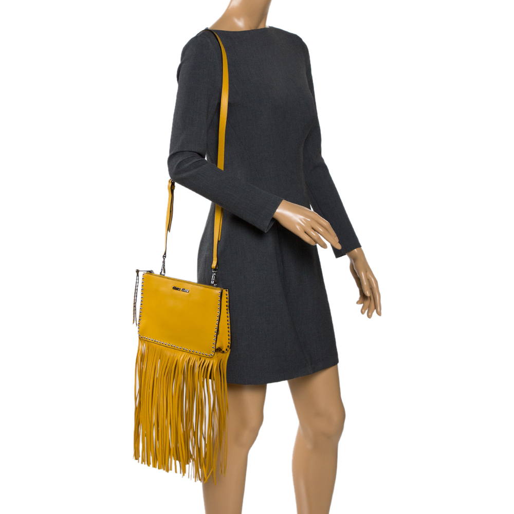 

Miu Miu Yellow Leather Studded Fringed Shoulder Bag