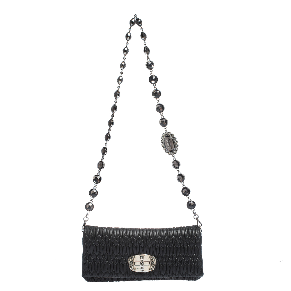 Miu Miu Black Matelasse Nappa Leather Crystal Shoulder Bag