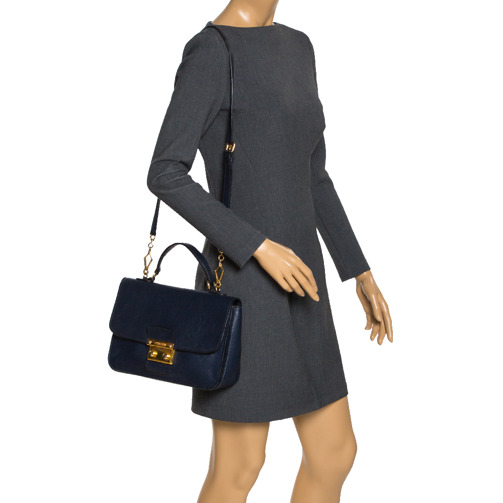 

Miu Miu Dark Blue Madras Leather Push Lock Flap Top Handle Bag