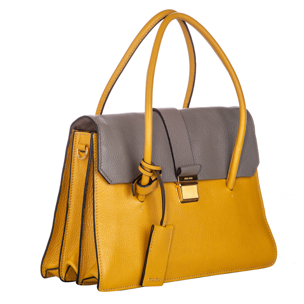 

Miu Miu Yellow/Gray Bicolor Leather Madras Satchel Bag, Grey