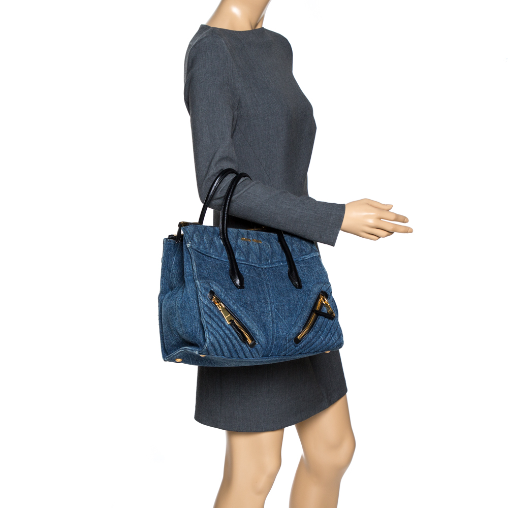 

Miu Miu Blue/Black Quilted Denim and Leather Biker Tote