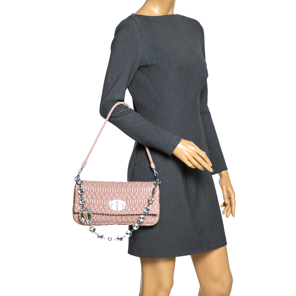 

Miu Miu Pink Matelassé Leather Crystal Flap Shoulder Bag