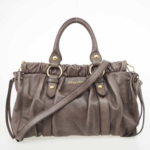 Pre Owned Miu Miu Grey Lux Leather Soft Shopping Top Handle Bag
