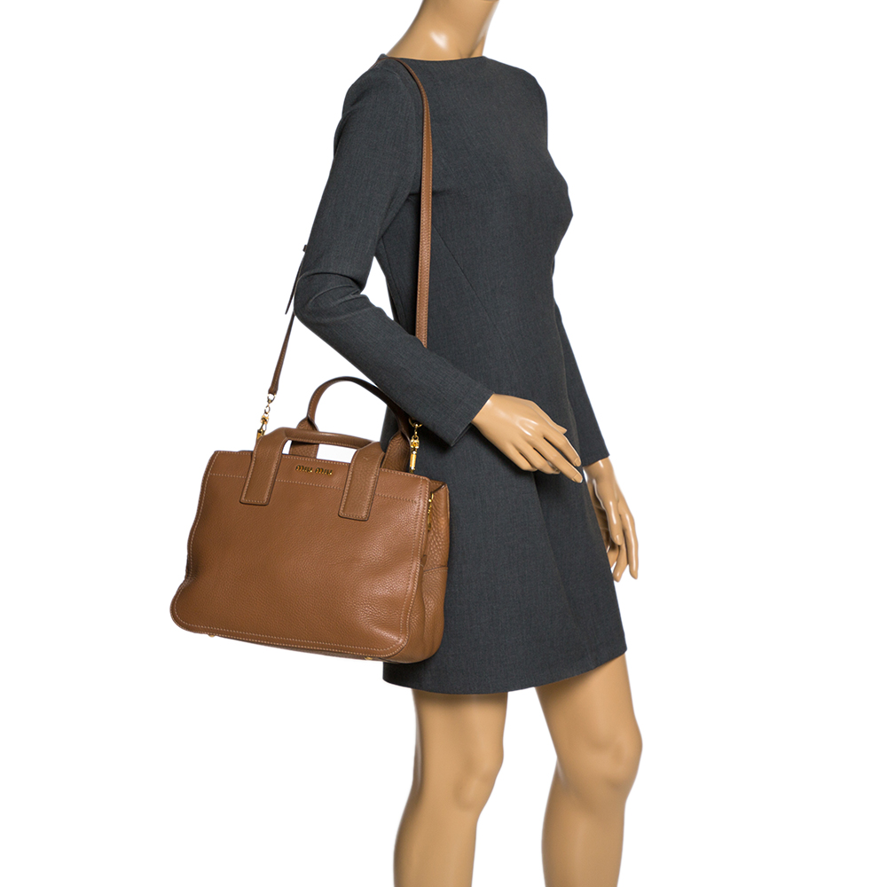 

Miu Miu Brown Vitello Leather Zipped Tote