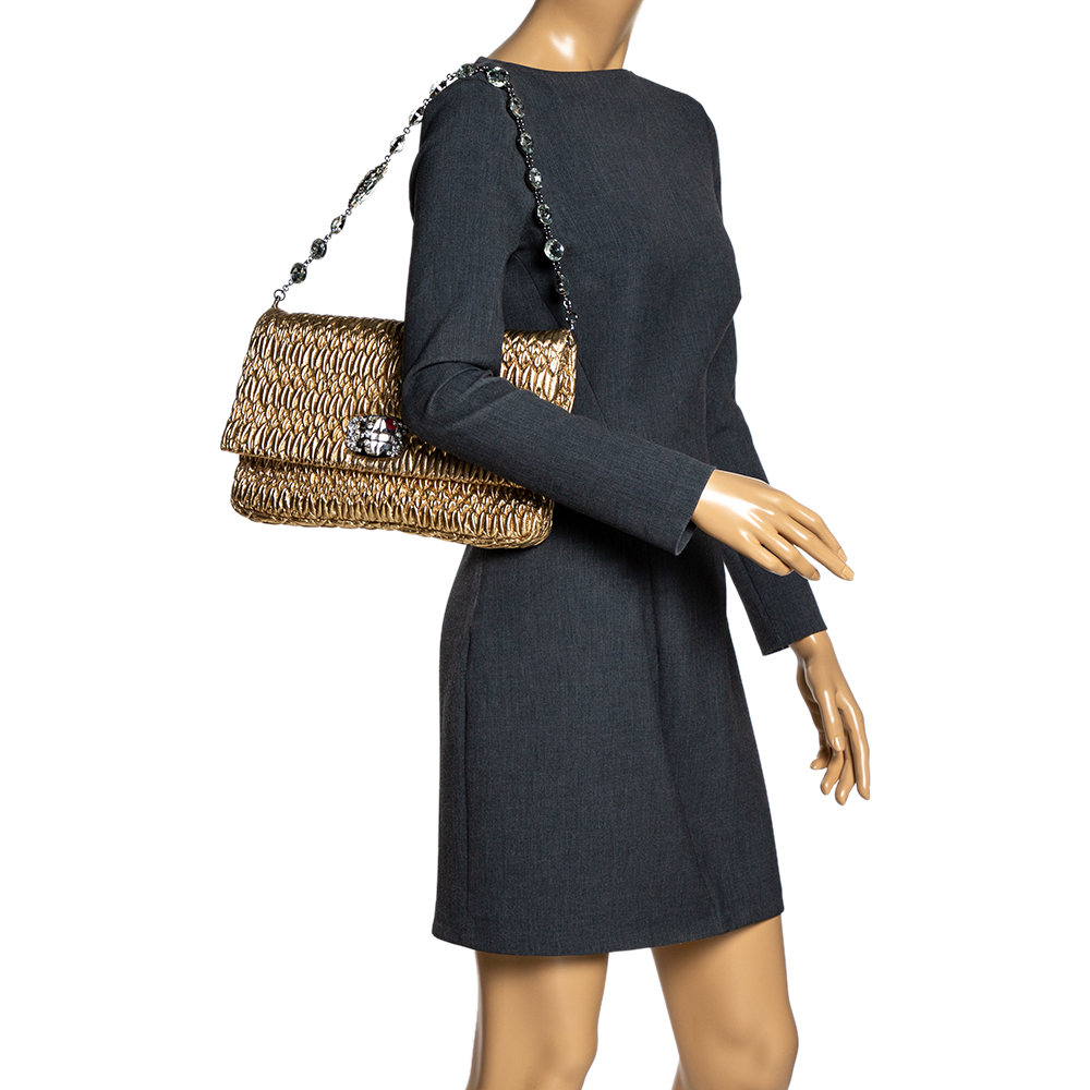 

Miu Miu Metallic Gold Matelassé Leather Crystal Flap Shoulder Bag