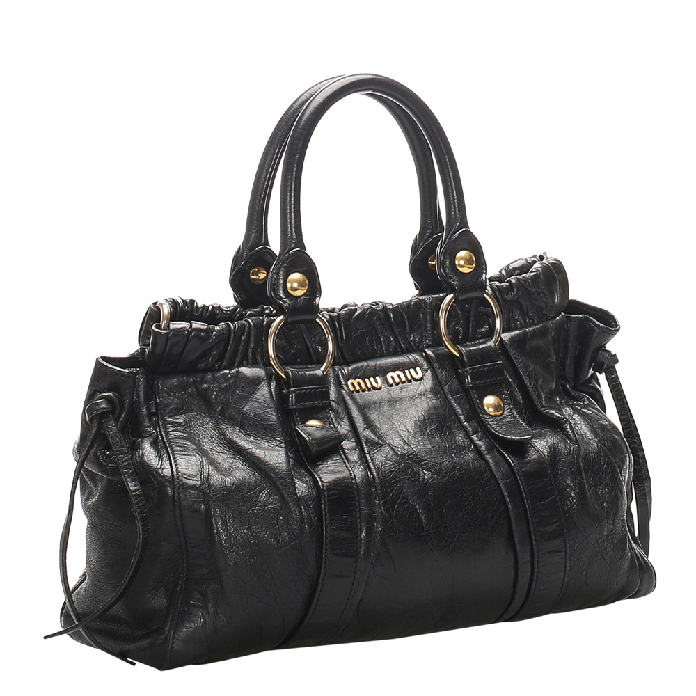 

Miu Miu Black Vitello Lux Leather Ruched Satchel