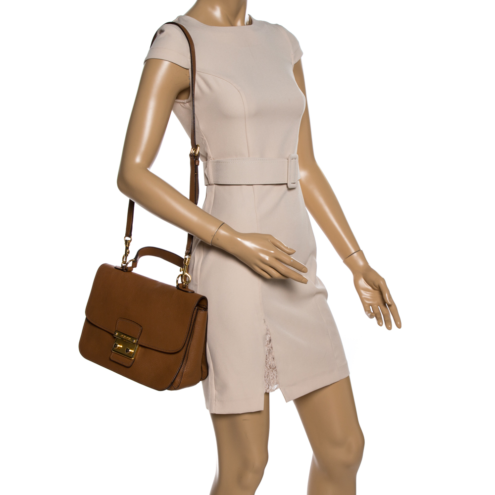 

Miu Miu Brown Madras Leather Push Lock Flap Top Handle Bag