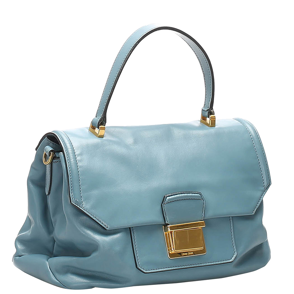 

Miu Miu Blue Leather Vitello Shine Satchel Bag