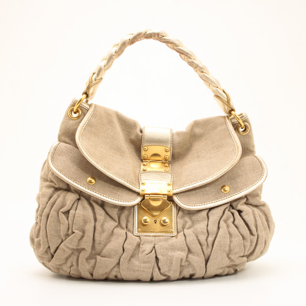 Pre Owned Miu Miu Beige Quilted Linen Coffer