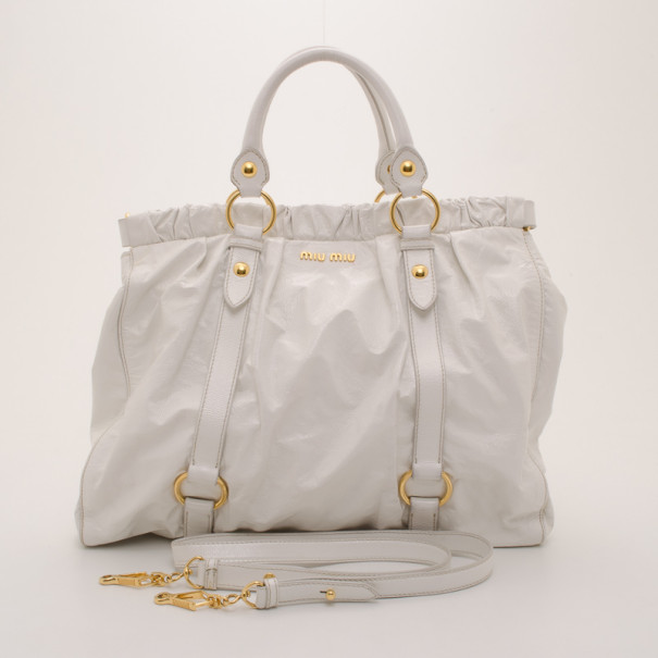 Pre Owned Miu Miu White Vitello Lux Leather Ruched Satchel