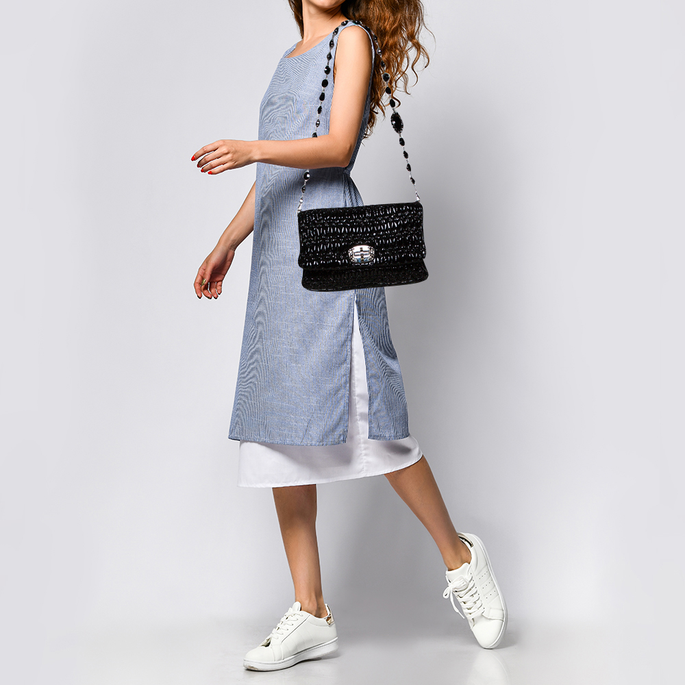 

Miu Miu Black Matelasse Patent Leather Crystal Shoulder Bag