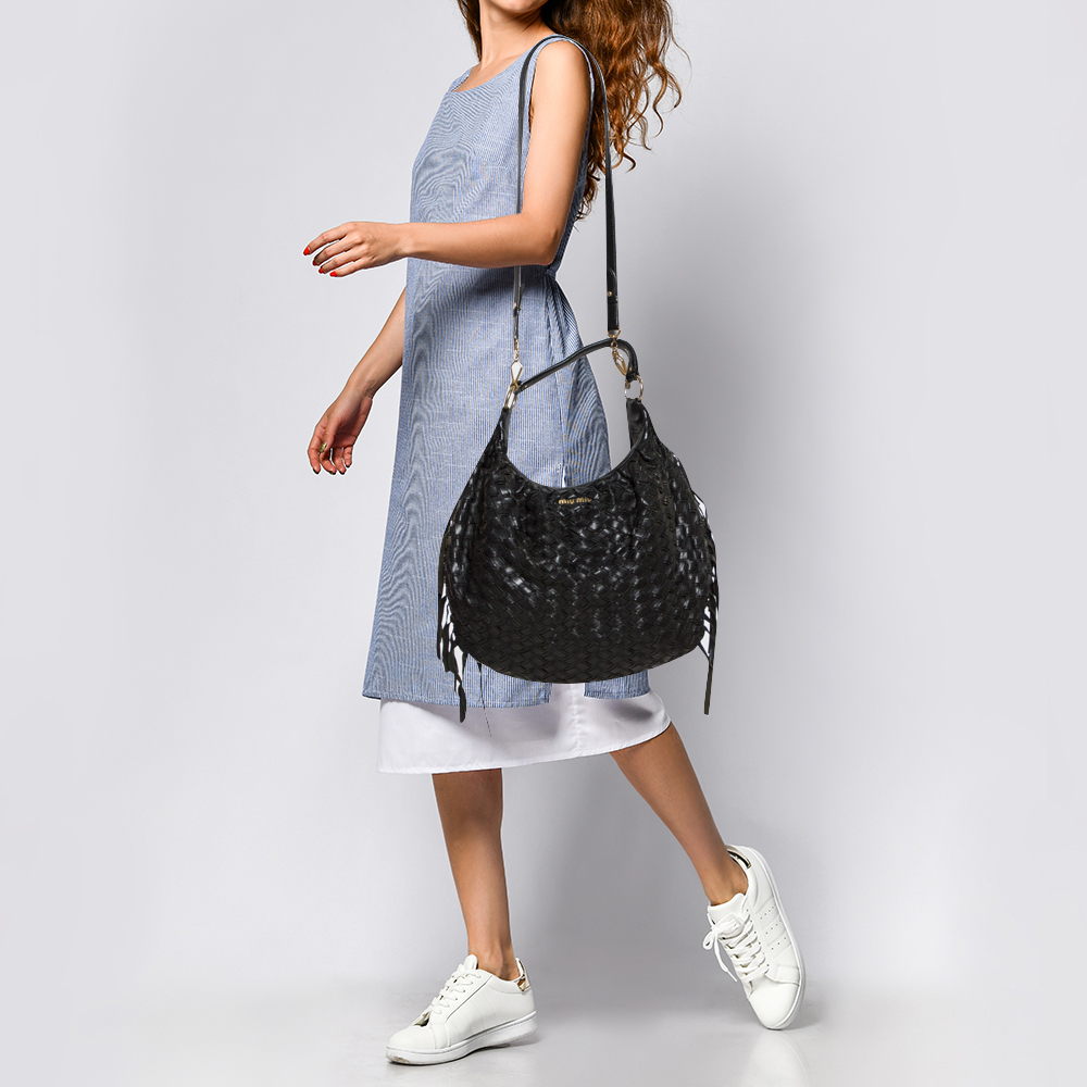 

Miu Miu Black Woven Leather Fringe Hobo