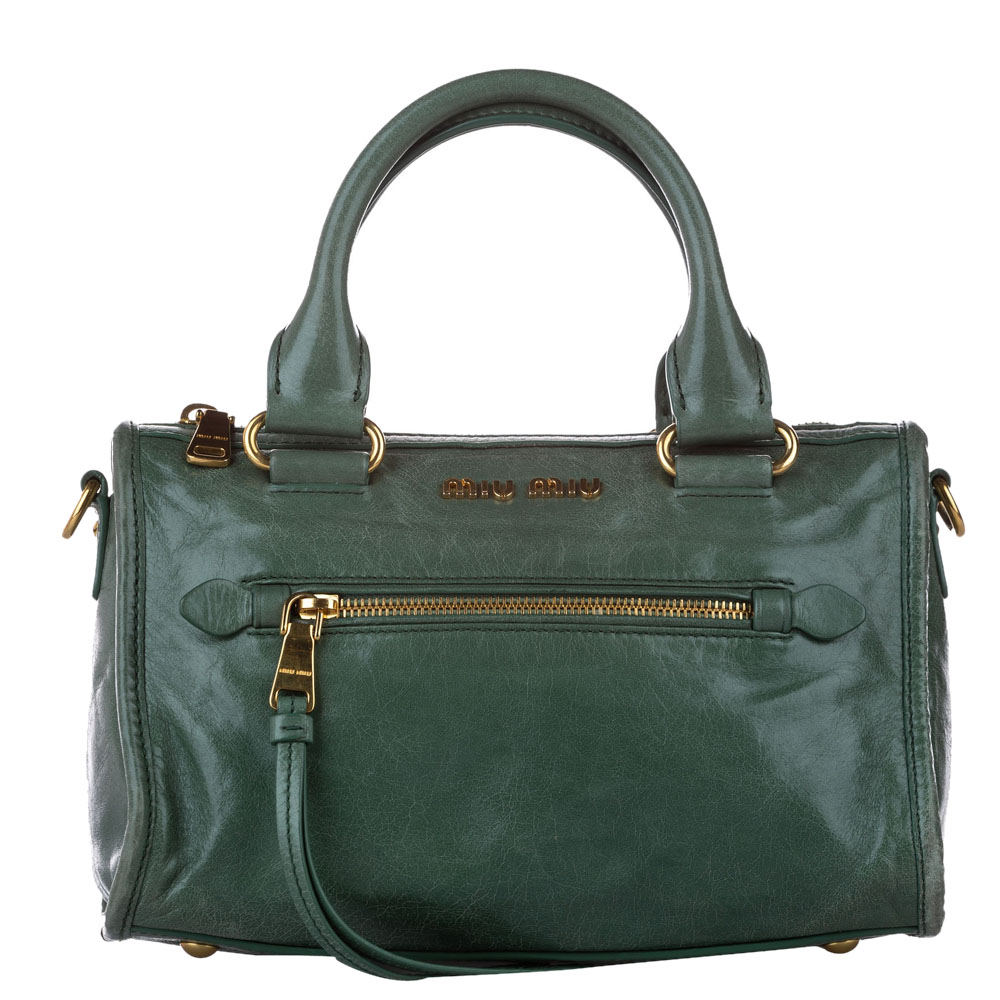 Pre-owned Miu Miu Green Vitello Shine Leather Bauletto Satchel Bag