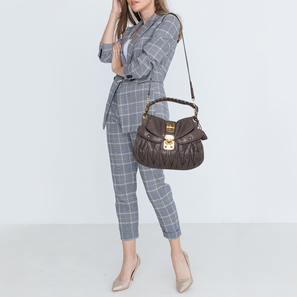 

Miu Miu Taupe Matelassé Leather Coffer Hobo, Grey
