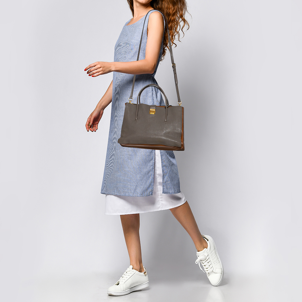 

Miu Miu Grey/Tan Madras Leather Large Push Lock Tote