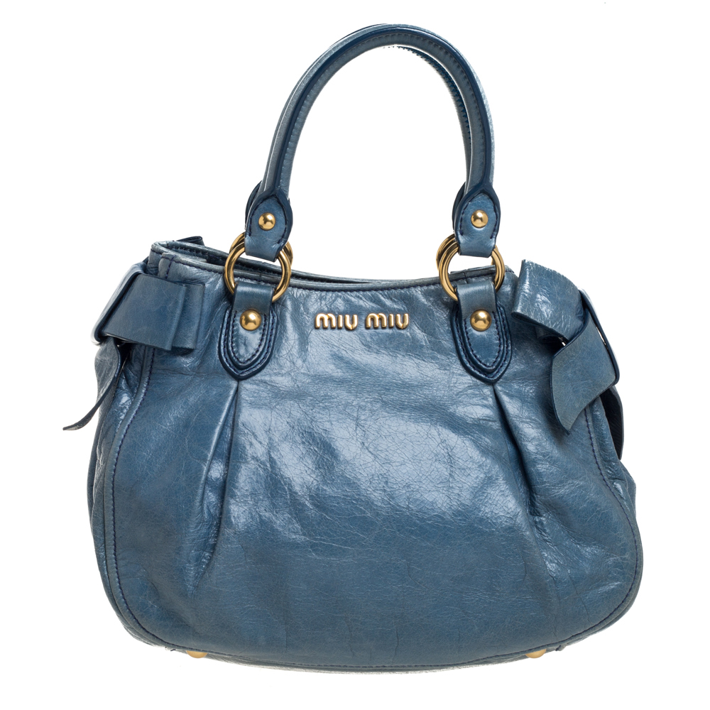 Pre-owned Miu Miu Blue Vitello Lux Leather Bow Satchel