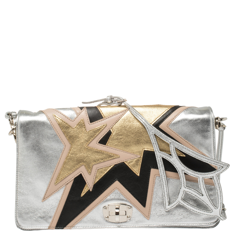 Pre-owned Miu Miu Silver Leather Mini Star Motif Diagonal Shoulder Bag