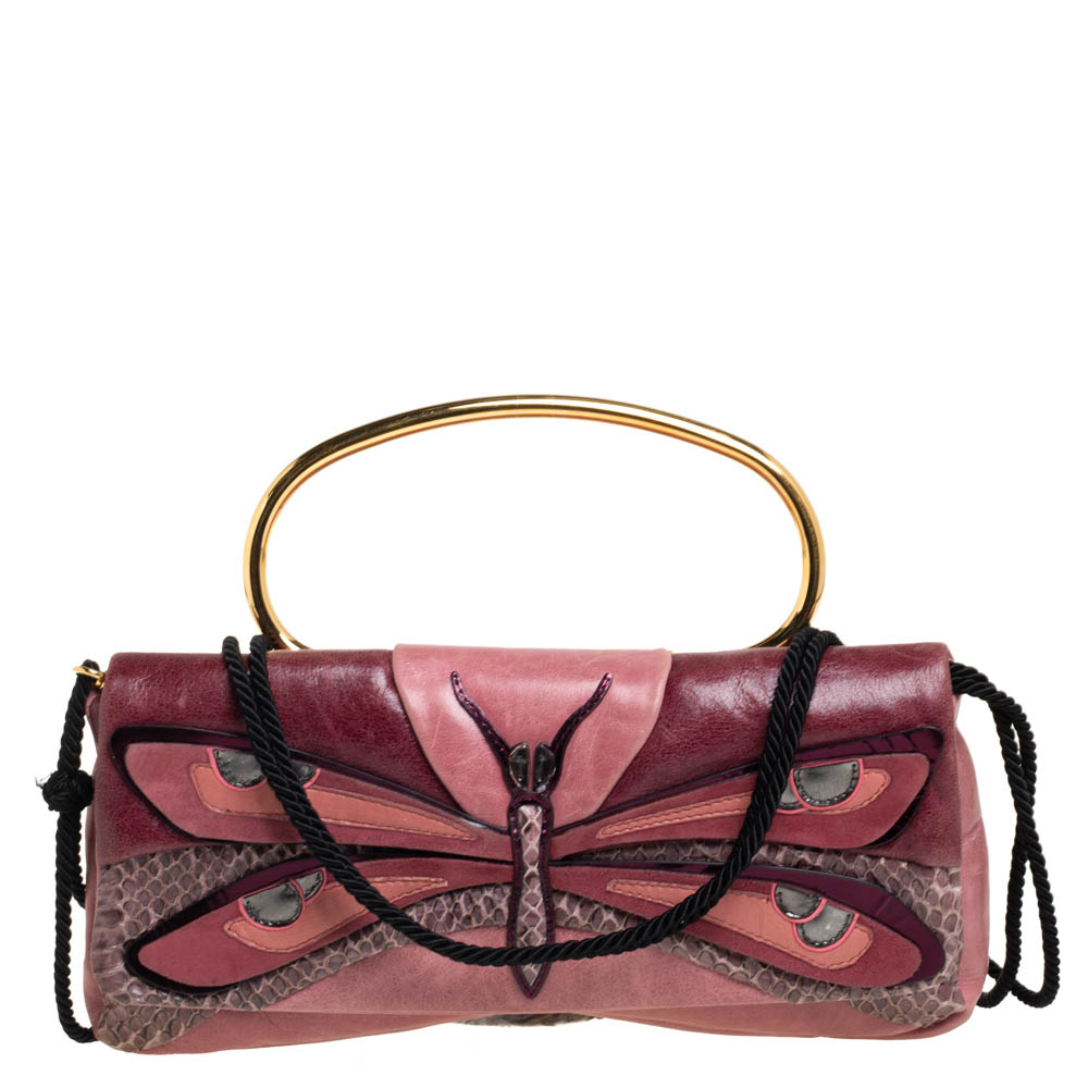 Pre-owned Miu Miu Pink Leather And Python Dragonfly Shoulder Bag