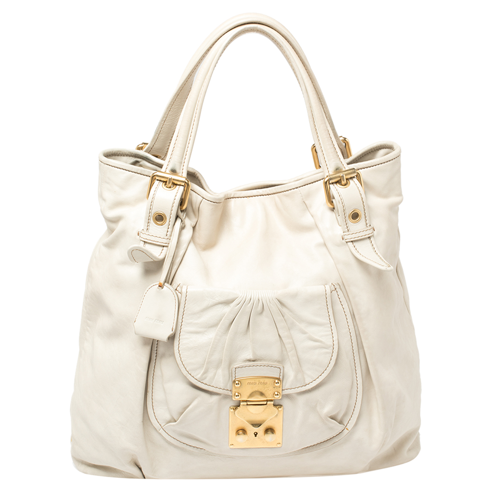 Pre-owned Miu Miu Off White Leather Pushlock Front Pocket Tote