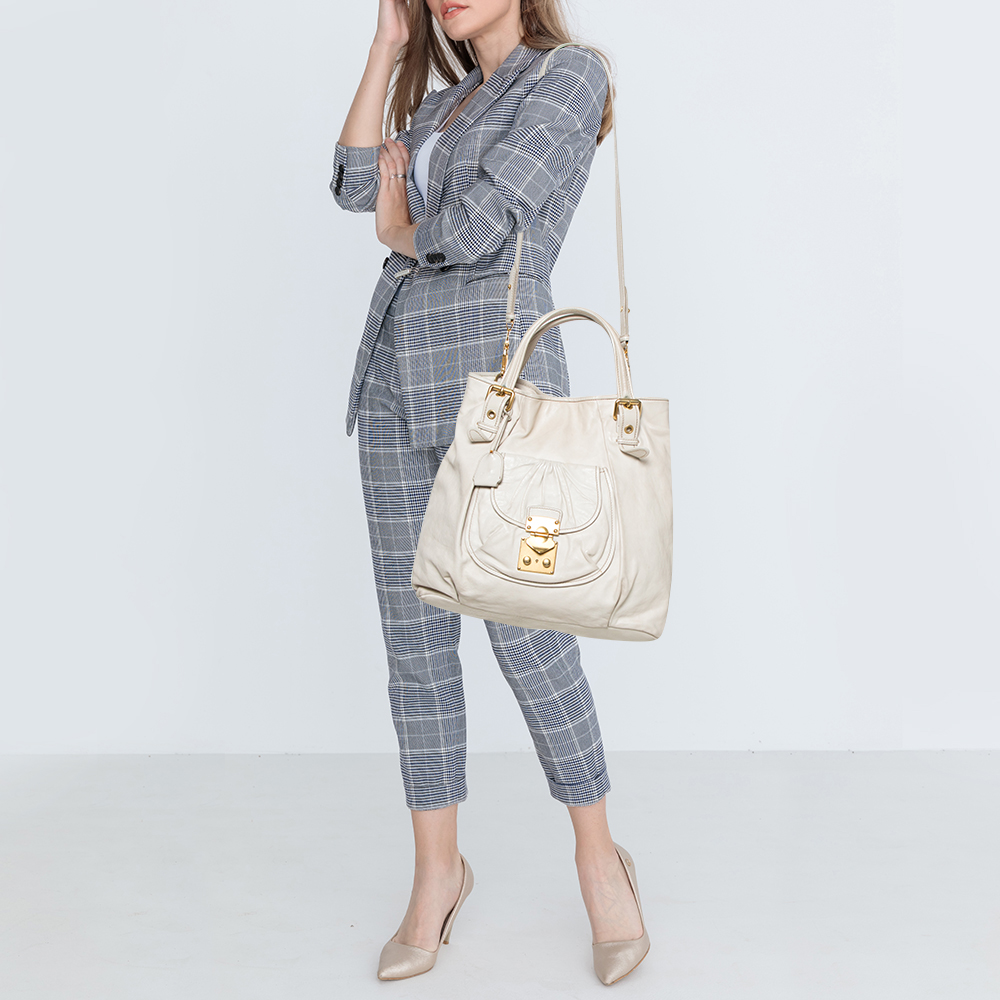 

Miu Miu Off White Leather Pushlock Front Pocket Tote