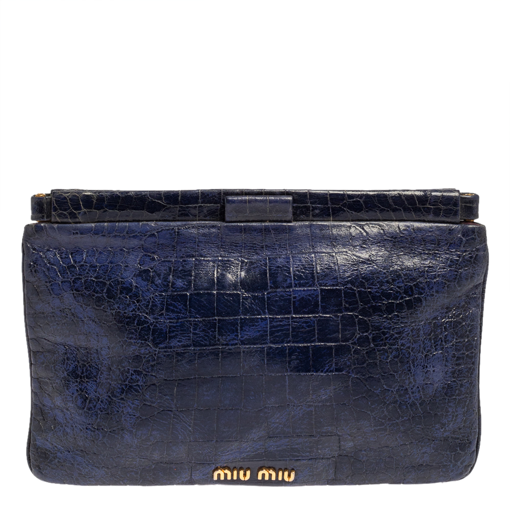 Pre-owned Miu Miu Blue Croc Embossed Patent Leather Frame Clutch