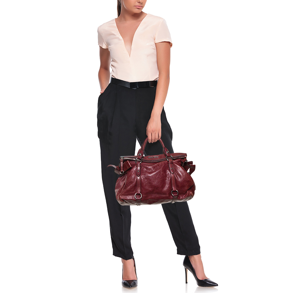 

Miu Miu Burgundy Vitello Lux Leather Bow Satchel