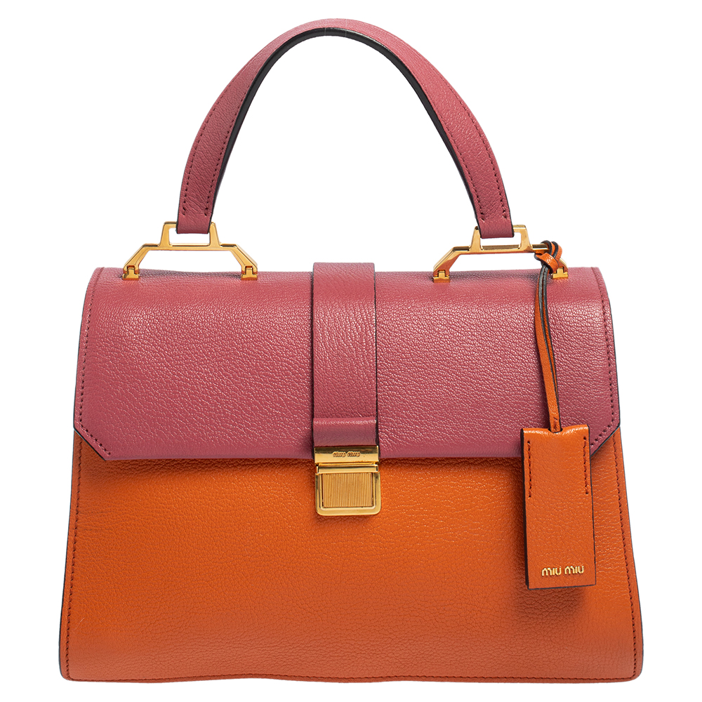 Pre Owned Miu Miu Orange/Pink Madras Leather Pushlock Top Handle Bag