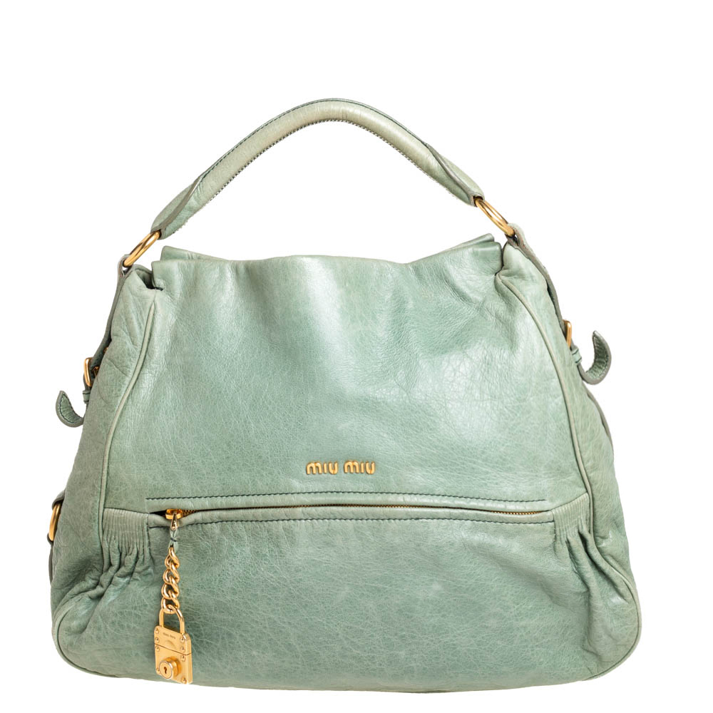 Pre-owned Miu Miu Lime Green Leather Lily Distressed Satchel